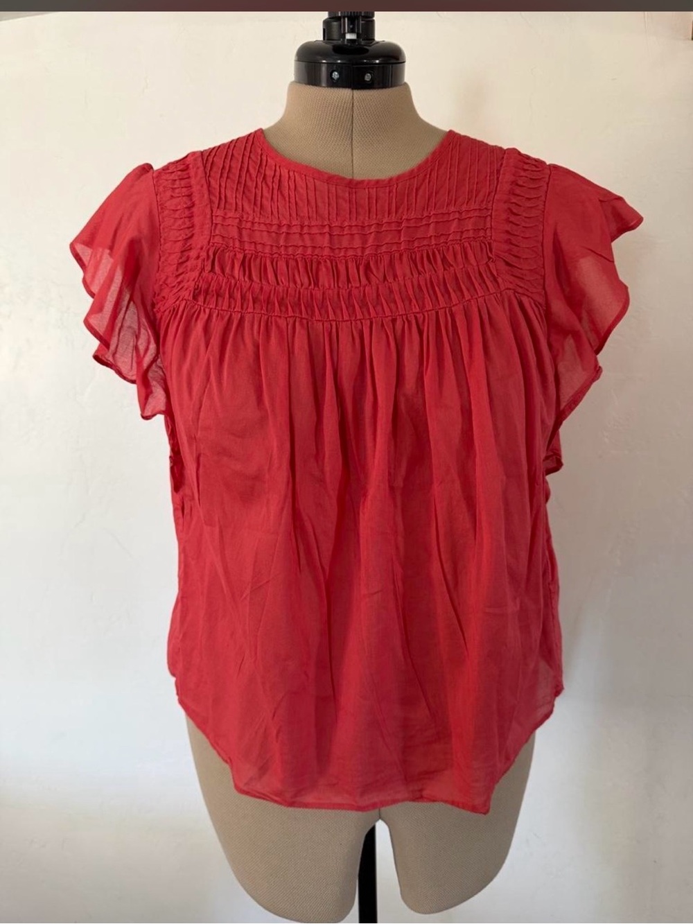 Banana Republic Red Smocked Yoke Flutter Sleeve Blouse